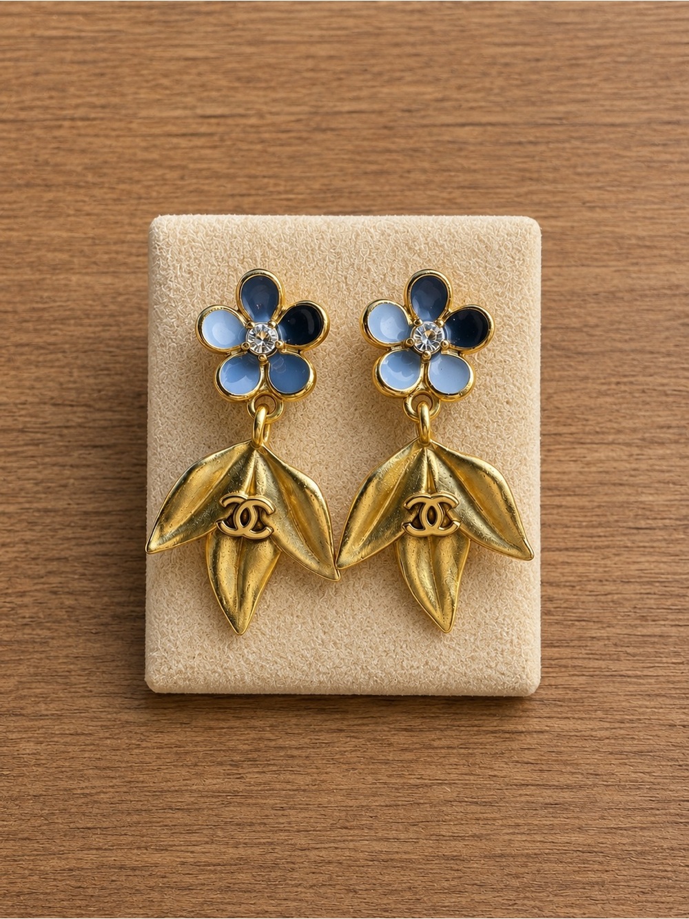 CC Gold-Tone Blue Enamel Flower and Leaf Drop Earrings
